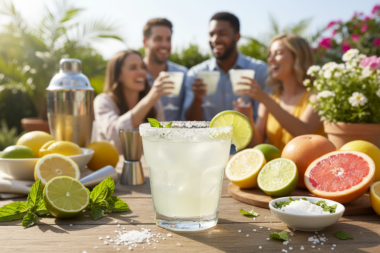 Refreshing margarita cocktail in a salt-rimmed glass with lime wedge and fresh citrus