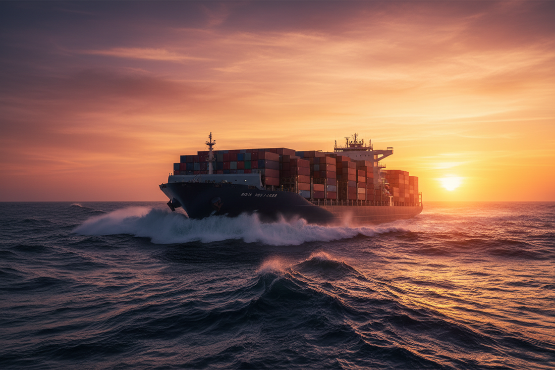 A massive container ship sailing the open ocean at dawn, honoring the heroes of the U.S. Merchant Marine on National Maritime Day, May 22nd.