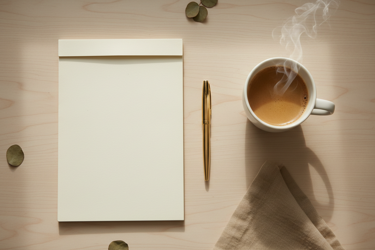 A neatly organized desk with a vintage memo pad, gold fountain pen, and warm cup of coffee — celebrating National Memo Day on May 21st.