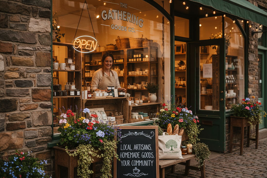 Charming small business storefront on Main Street with open sign celebrating National Mom and Pop Business Day