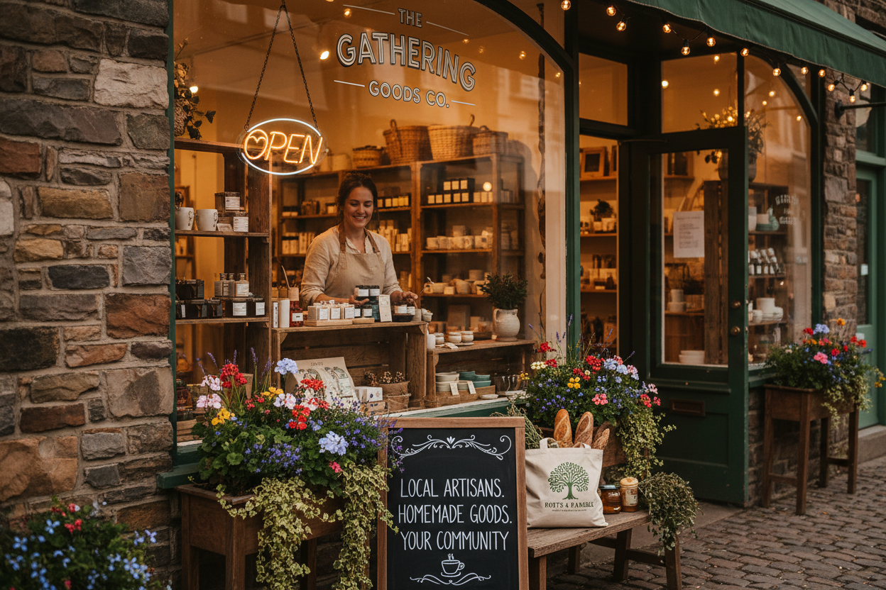 Charming small business storefront on Main Street with open sign celebrating National Mom and Pop Business Day