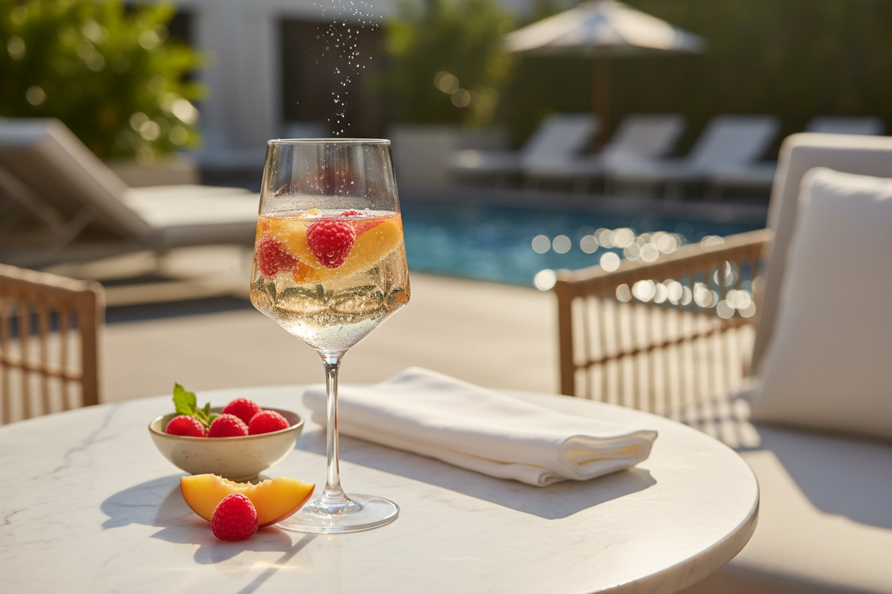 A chilled glass of Moscato wine with soft bubbles, fresh raspberries, and peach slices on a marble table in warm golden light.