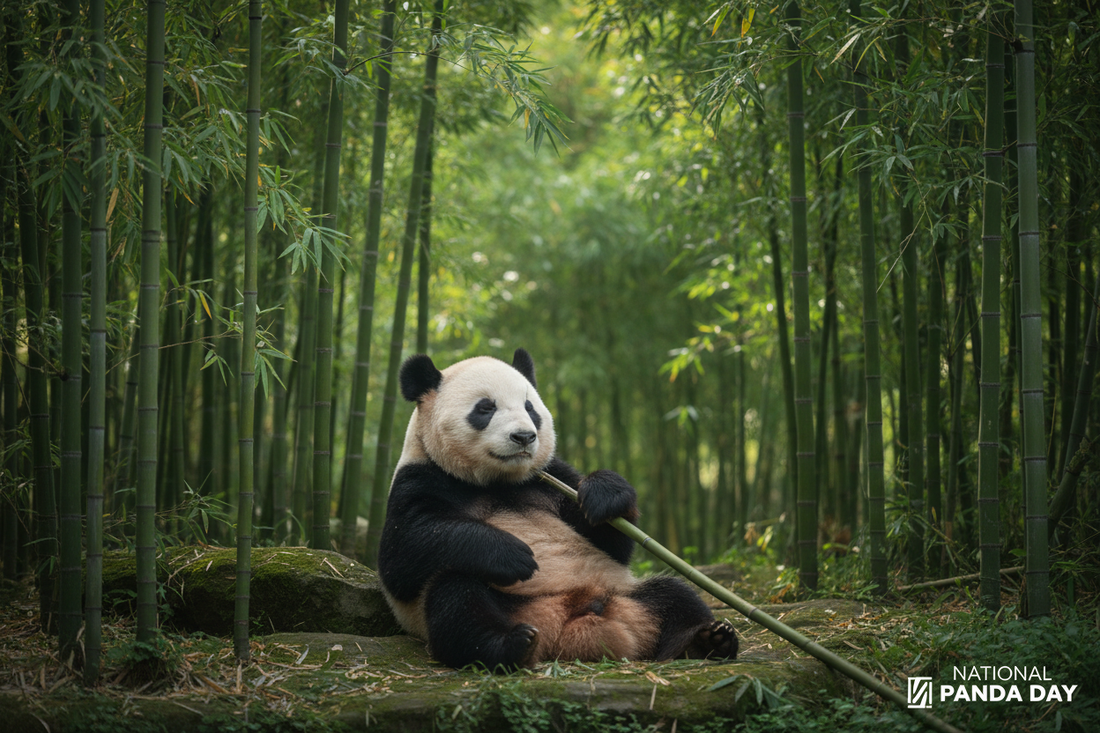 Giant panda relaxing in bamboo forest for National Panda Day March 16