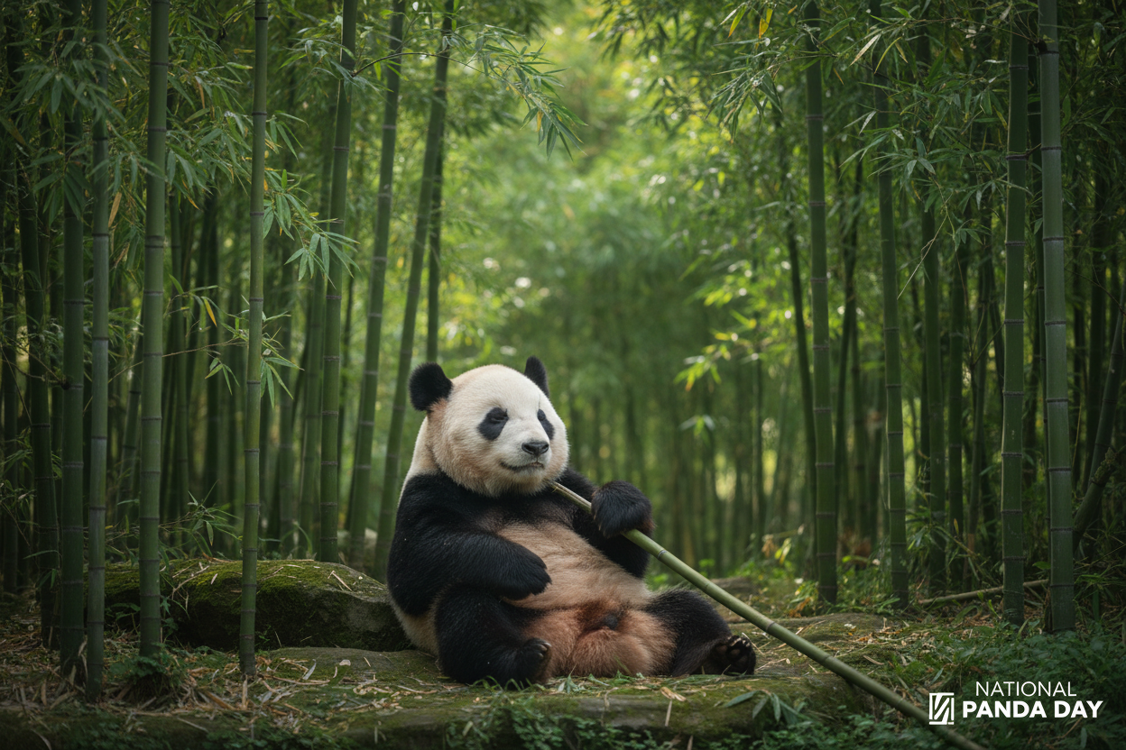 Giant panda relaxing in bamboo forest for National Panda Day March 16