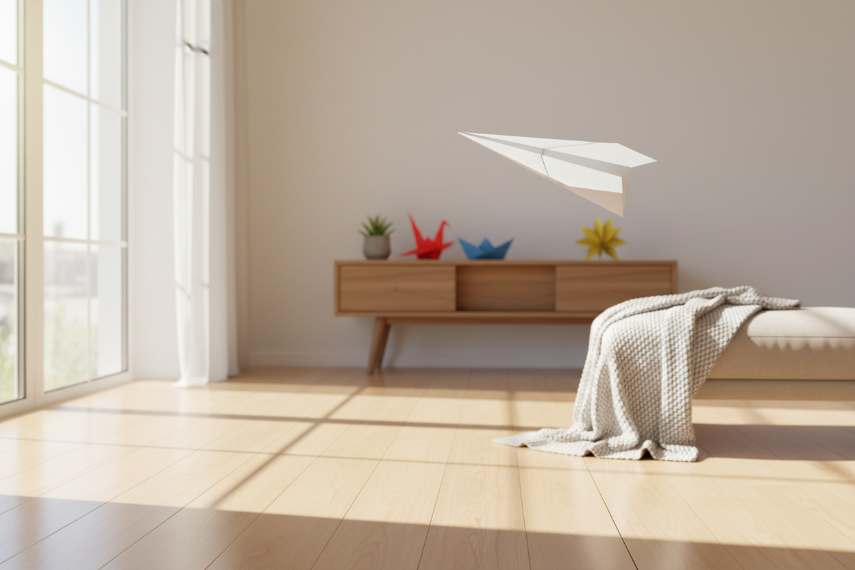 A beautifully folded white paper airplane soaring through a bright, sunlit room, surrounded by colorful origami paper — celebrating National Paper Airplane Day on May 26th.