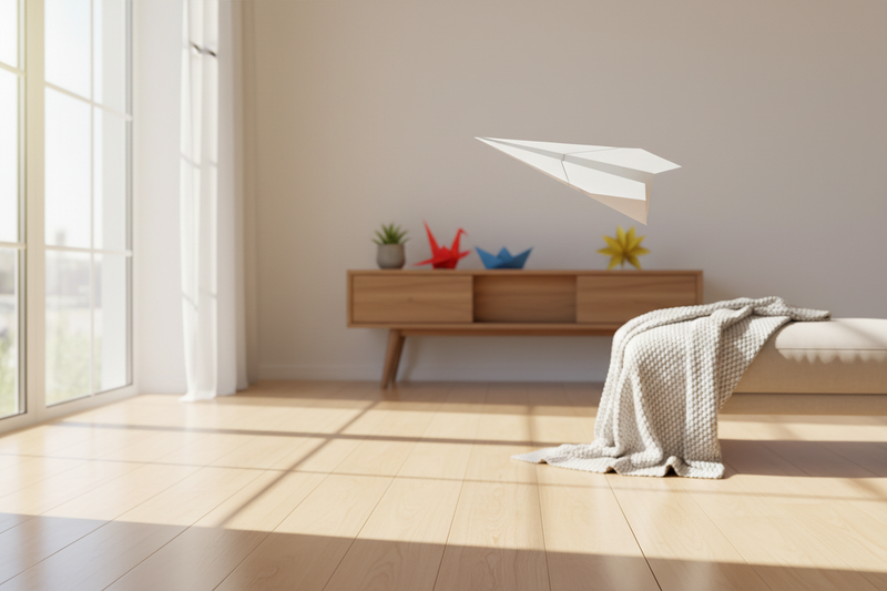 A beautifully folded white paper airplane soaring through a bright, sunlit room, surrounded by colorful origami paper — celebrating National Paper Airplane Day on May 26th.