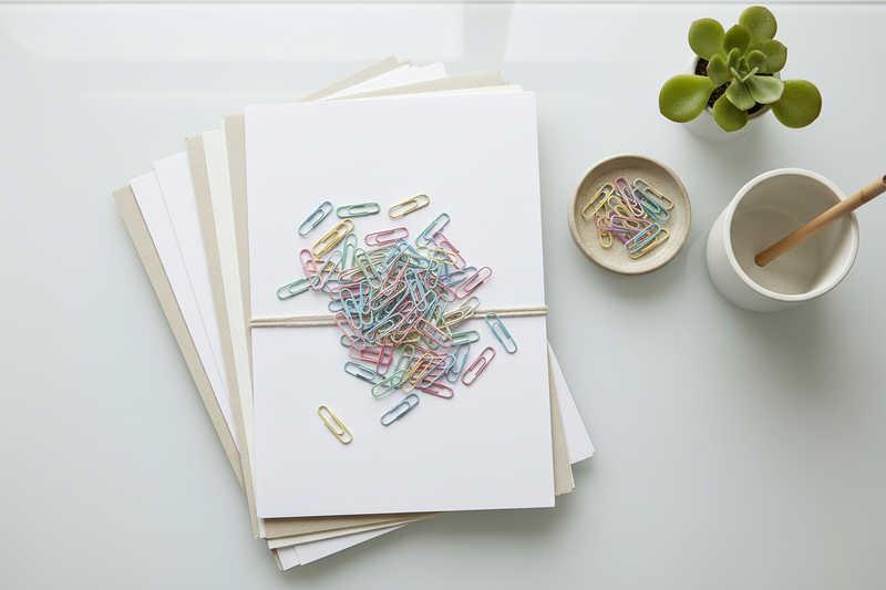 Colorful paperclips arranged on neatly stacked papers on a minimal desk — celebrating National Paperclip Day on May 29th