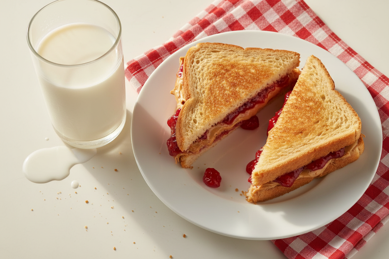 "A freshly cut peanut butter and jelly sandwich served with a glass of cold milk, styled in a bright and nostalgic flat-lay for National PB&J Day."