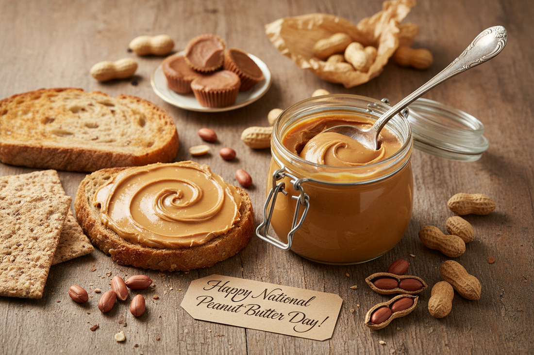 National Peanut Butter Day celebration with creamy peanut butter jar, spoon, and fresh peanuts