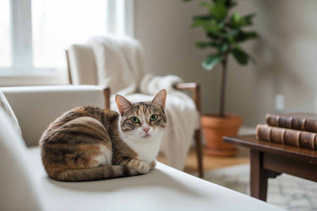 An adorable pet curled up cozily on a plush couch, looking at the camera with a warm and affectionate expression, celebrating the unconditional love of National Pet Day.