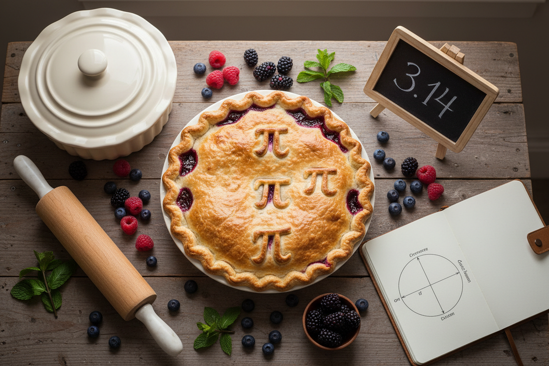 Golden homemade fruit pie with decorative pi symbol cutouts on crust, surrounded by French ceramic pie dish and baking tools on rustic wooden table for National Pi Day March 14