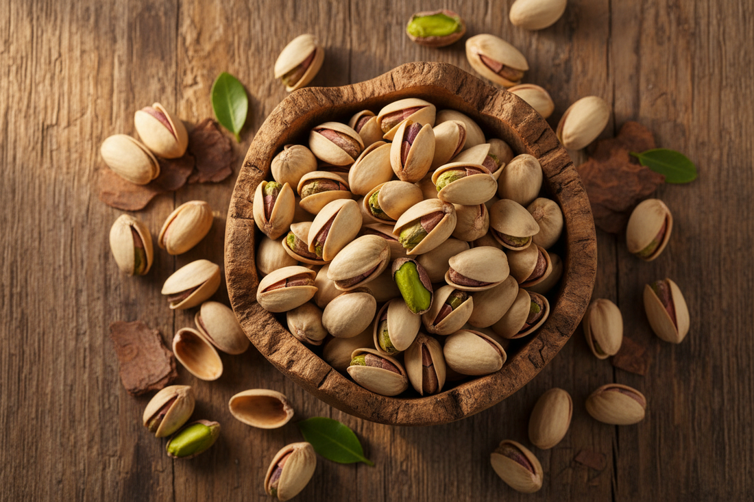 Flat lay of fresh pistachios, shelled and unshelled, in wooden bowl on rustic surface from overhead view