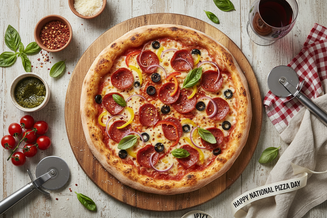 National Pizza Day flat lay with delicious freshly baked pizza and melted cheese