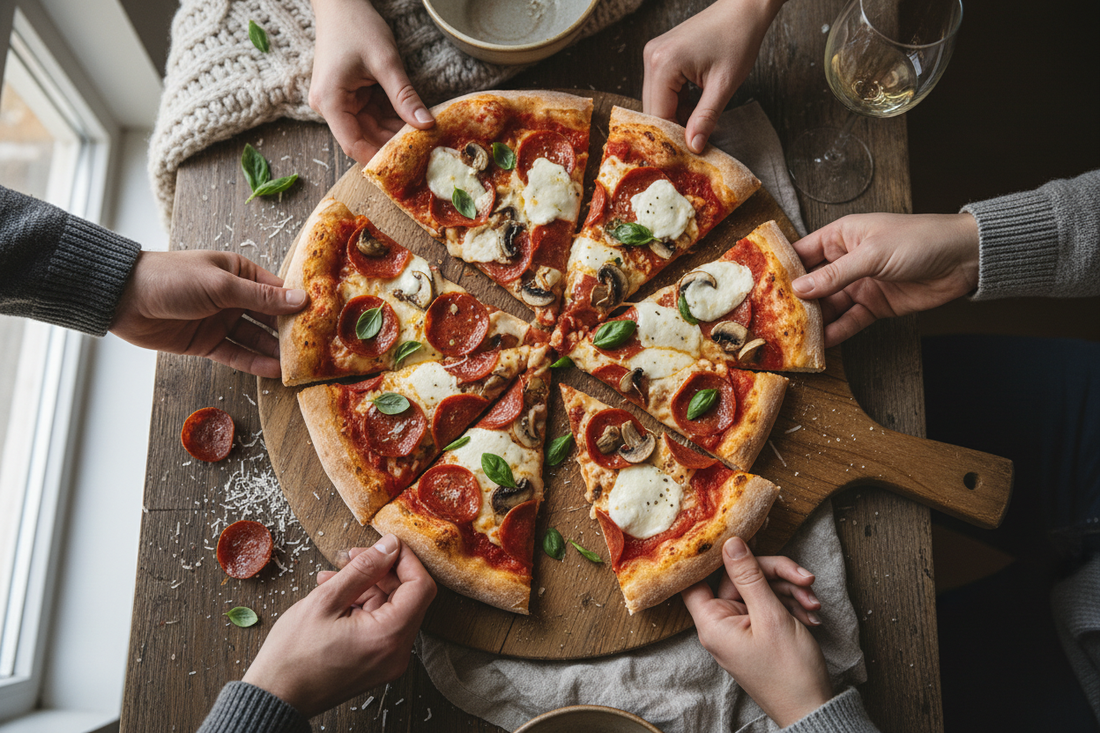 Overhead view of a freshly cut pizza on a wooden pizza peel with hands reaching in for slices, celebrating National Pizza Party Day.
