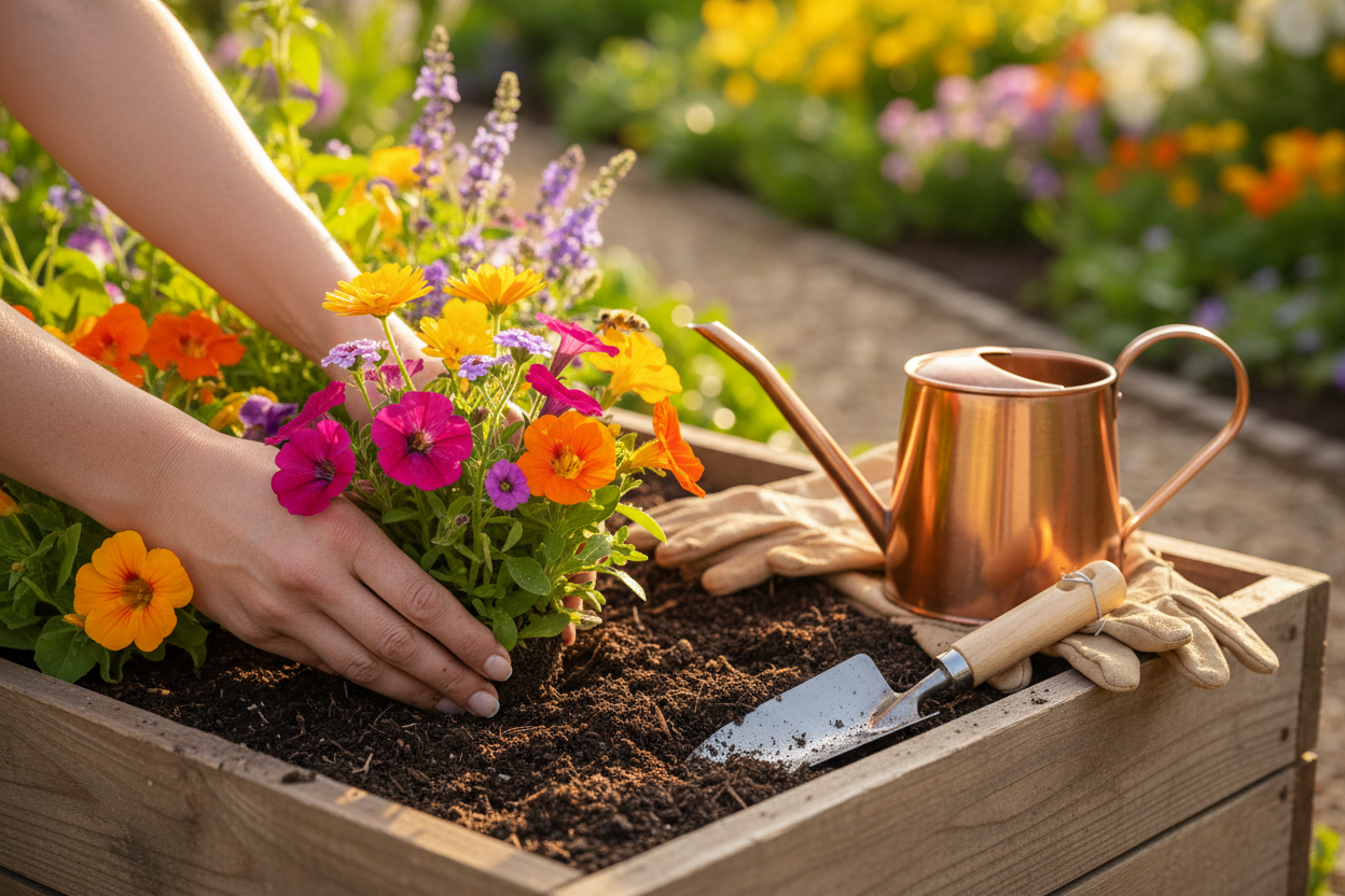 Hands planting colorful wildflowers in rich soil with a copper watering can nearby, celebrating National Plant a Flower Day