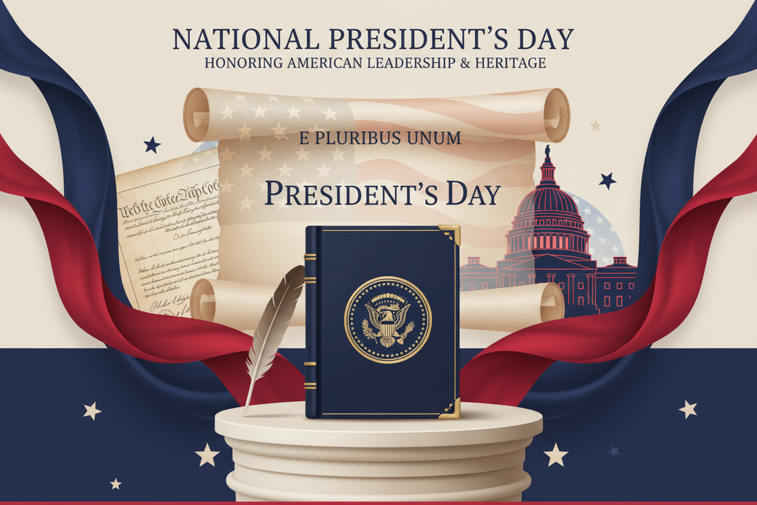 National President's Day celebration with patriotic red, white, and blue colors, symbolic imagery of American presidential history and leadership