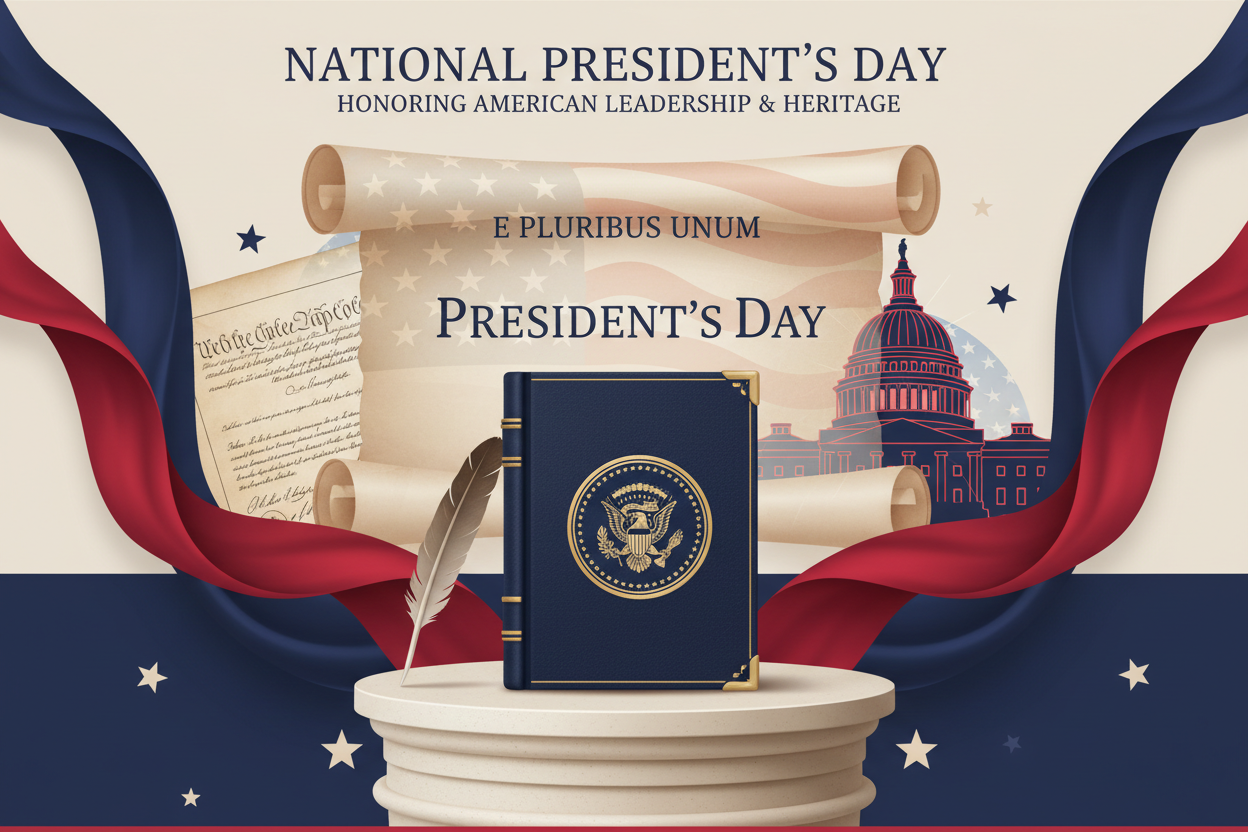 National President's Day celebration with patriotic red, white, and blue colors, symbolic imagery of American presidential history and leadership