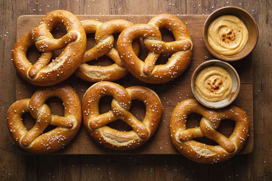 Golden soft pretzels with coarse salt on a rustic wooden board, served with spicy mustard and beer cheese dipping sauces, styled for National Pretzel Day.
