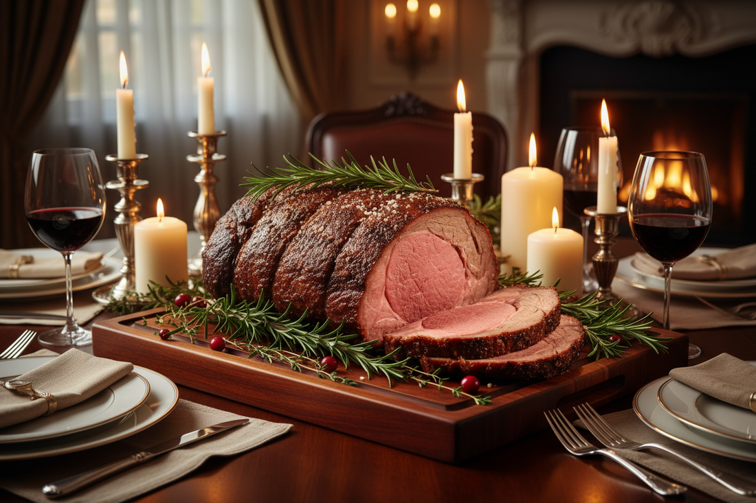 A perfectly roasted prime rib standing rib roast on a dark wood carving board, garnished with fresh rosemary and thyme, with a rich brown crust and pink medium-rare center, set on an elegant dinner table.