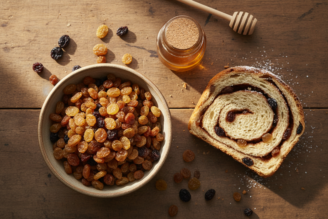 A rustic flat lay of golden raisins, cinnamon raisin bread, and honey on a wooden table, celebrating National Raisin Day on April 30th.