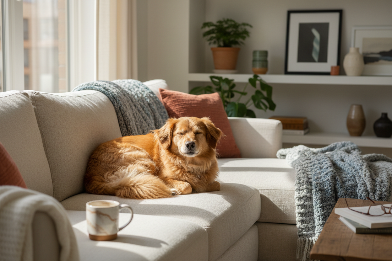 A happy rescue dog resting comfortably on a cozy couch, celebrating National Rescue Dog Day on May 20th