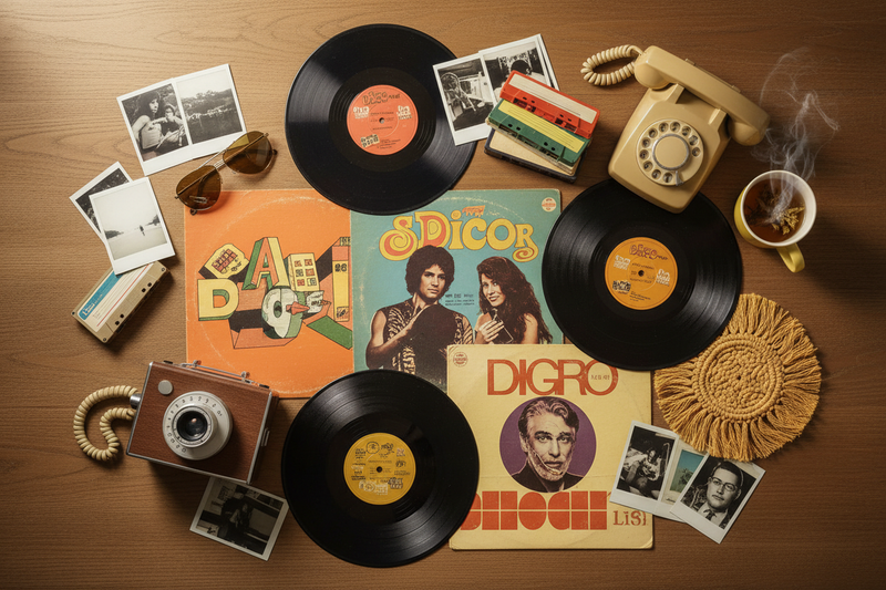 National Retro Day Flat lay of vintage retro items including vinyl records, retro camera, and cassette tapes from overhead view