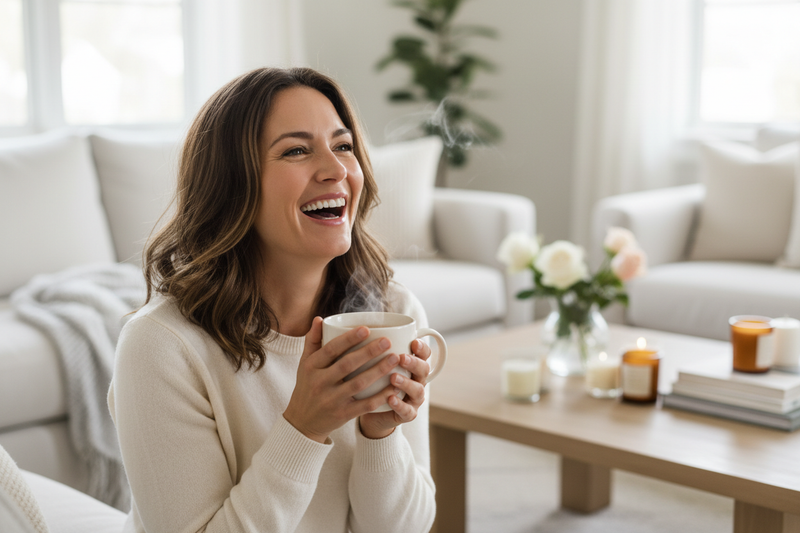 A woman laughing joyfully while holding a coffee cup at home, celebrating National Smile Day with warmth and ease.