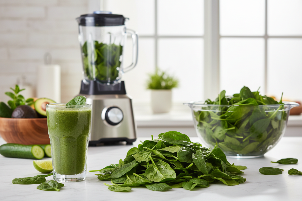 Fresh spinach leaves with green smoothie and blender for National Spinach Day celebration