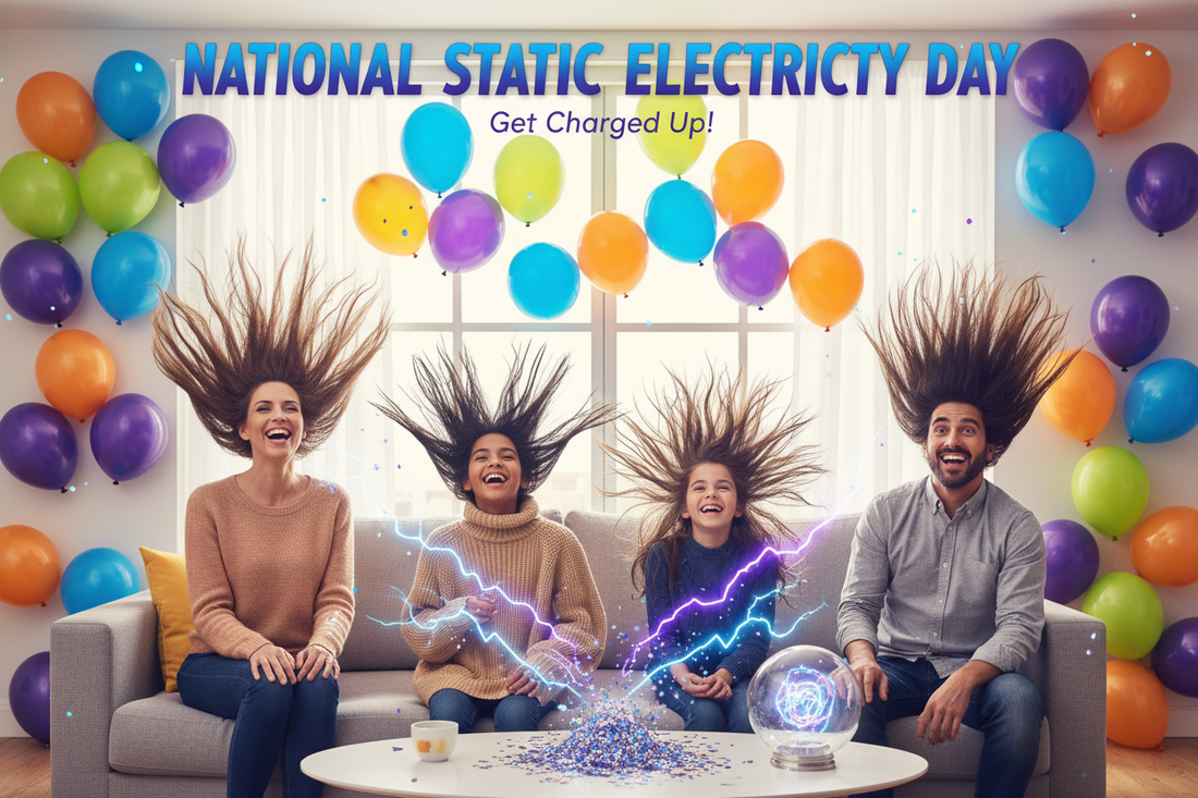 National Static Electricity Day celebration with colorful balloons and playful static electricity effects