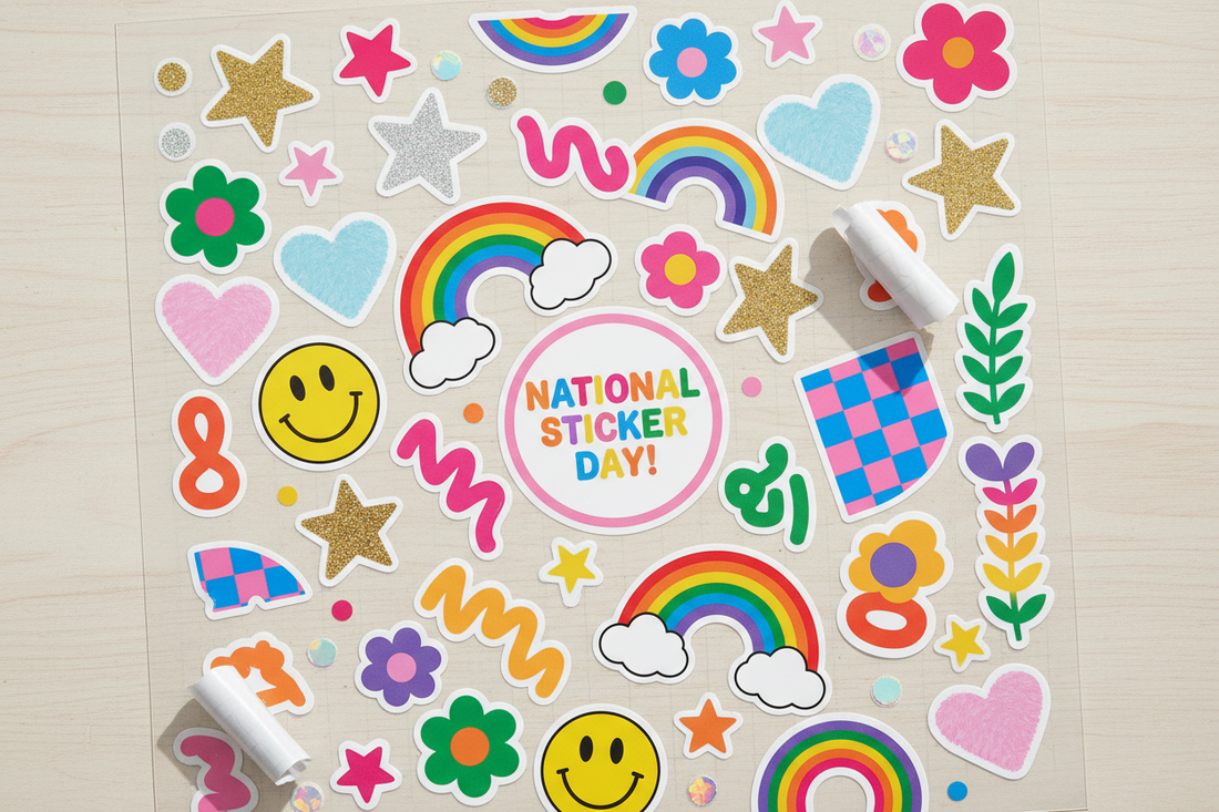 National Sticker Day flat lay with colorful collection of fun stickers and playful designs