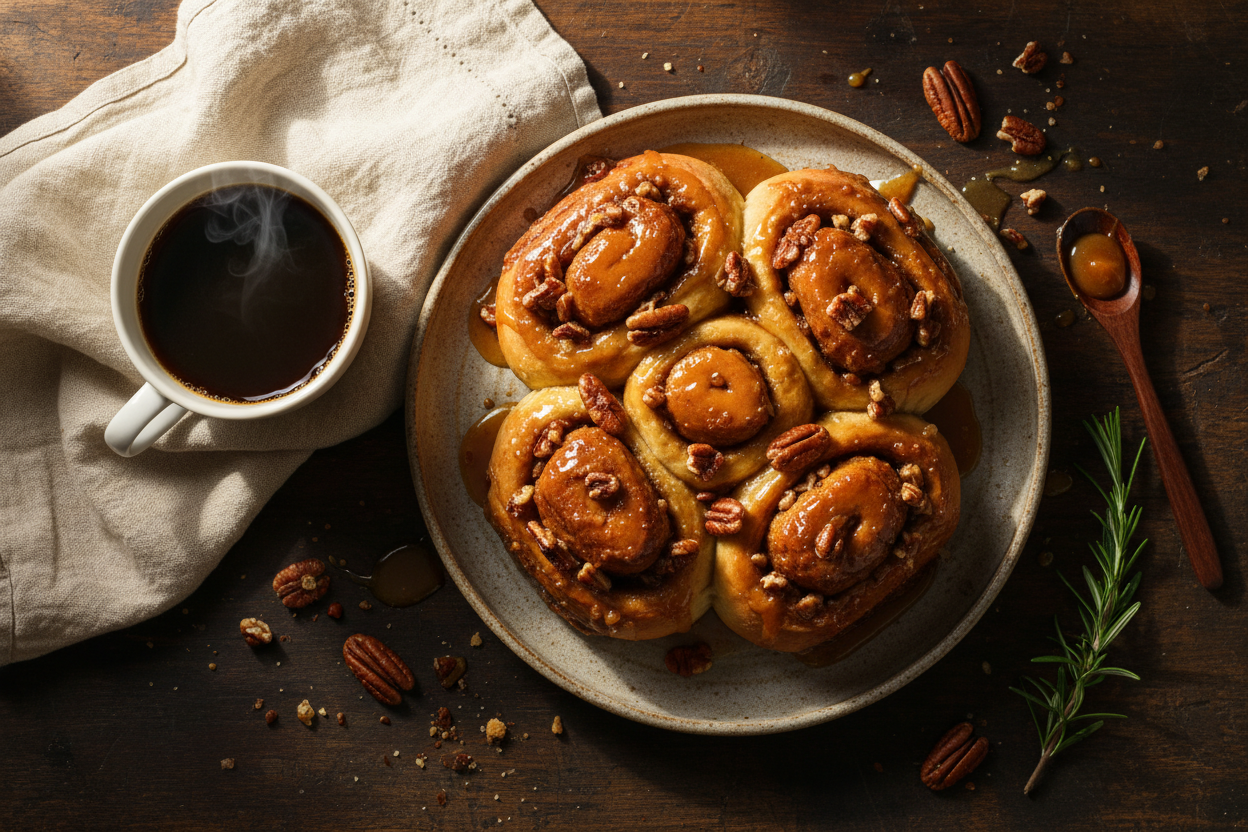 National Sticky Bun Day, fresh sticky buns with caramel glaze and pecans on rustic plate from overhead view"