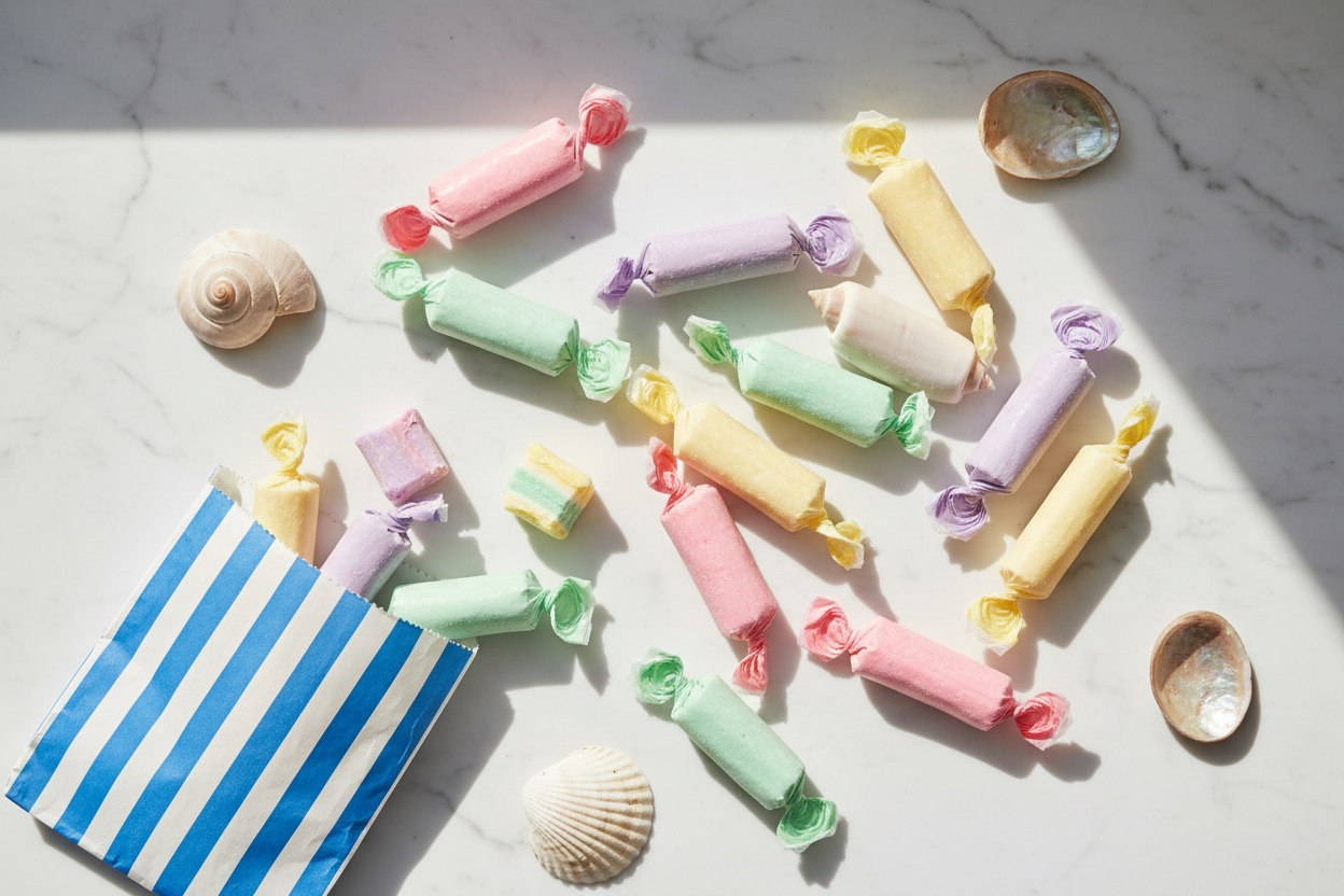 Colorful assorted saltwater taffy candies in pastel wrappers scattered on a white surface with seashells, celebrating National Taffy Day on May 23rd.