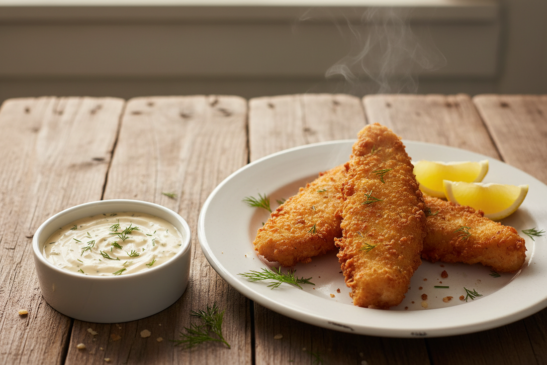 A small white bowl of creamy homemade tartar sauce garnished with fresh dill, served alongside golden crispy fried fish fillets and lemon wedges, celebrating National Tartar Sauce Day.