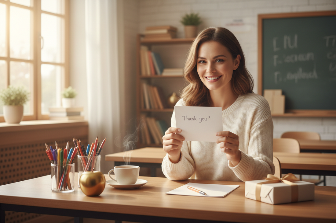A smiling teacher in a sunlit classroom holds a handwritten thank-you card, surrounded by a golden apple, colorful pens, a warm coffee cup, and a wrapped gift — thoughtful National Teacher Day gift ideas.
