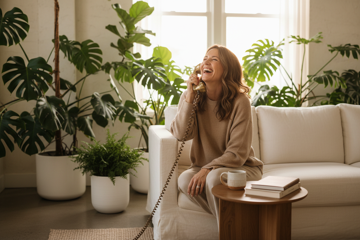 A woman laughing joyfully while talking on a vintage telephone handset in a cozy, sunlit living room — celebrating National Telephone Day on April 25th.