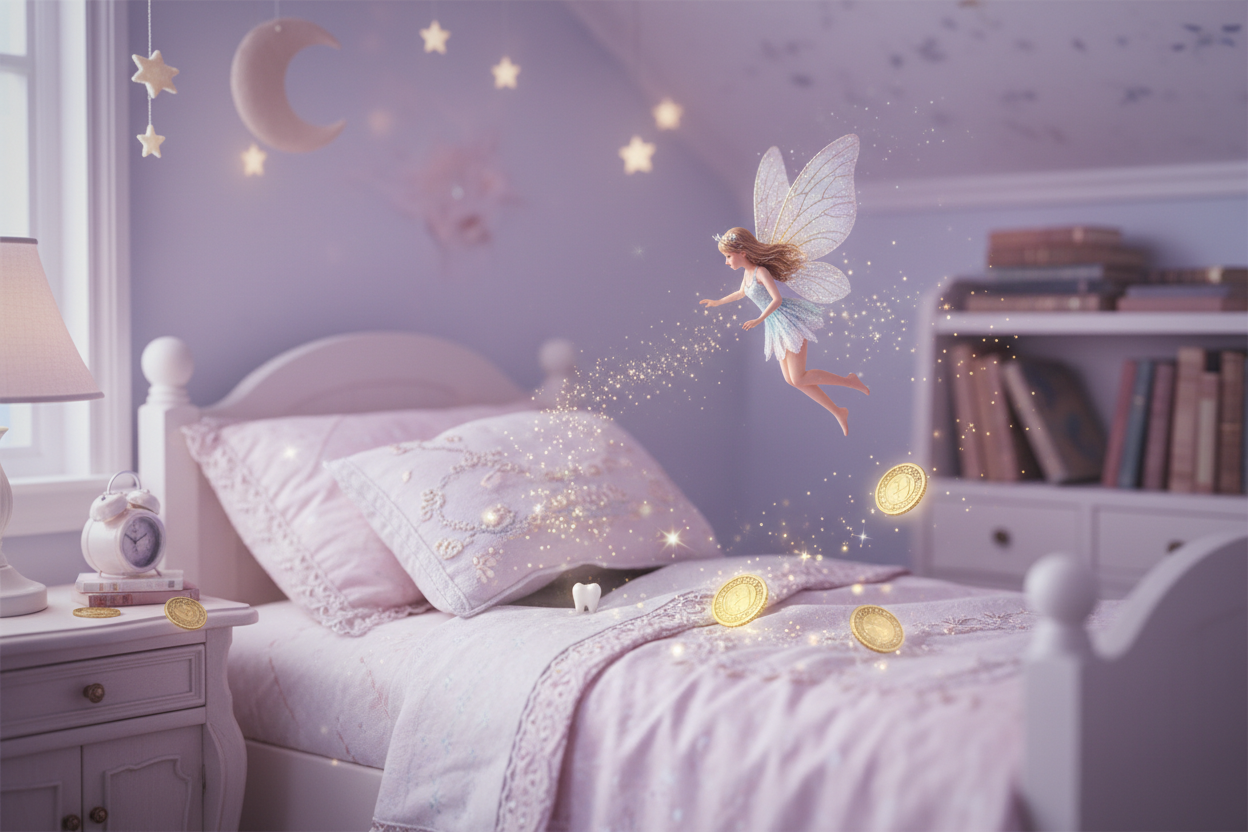 Whimsical tooth fairy scene with sparkles, tiny tooth under pillow, and magical coins in soft dreamy lighting