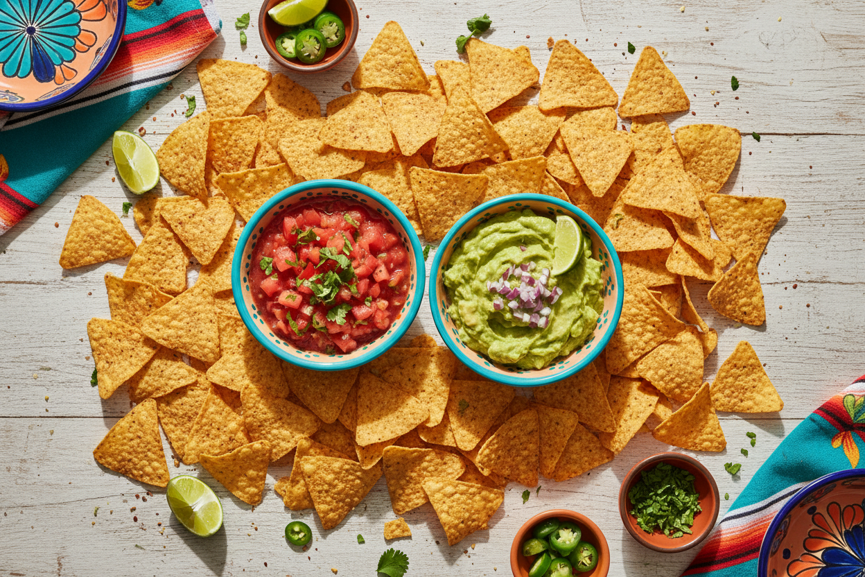 National Tortilla Chip DAy. Flat lay of golden crispy tortilla chips with bowls of fresh salsa and guacamole from overhead view
