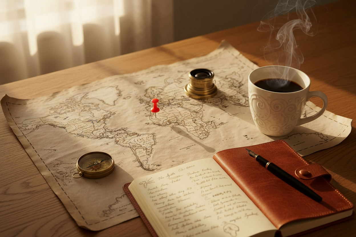 A vintage map with a colorful thumbtack marking a travel destination, alongside a warm cup of coffee and a leather journal, celebrating National Tourism Day on May 7th.