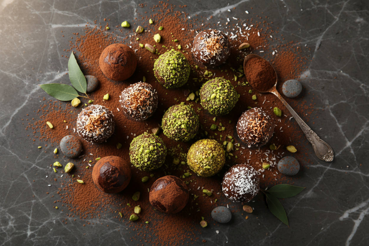 Assorted chocolate truffles dusted with cocoa powder, pistachios, and toasted coconut, arranged on a dark marble surface for National Truffle Day.