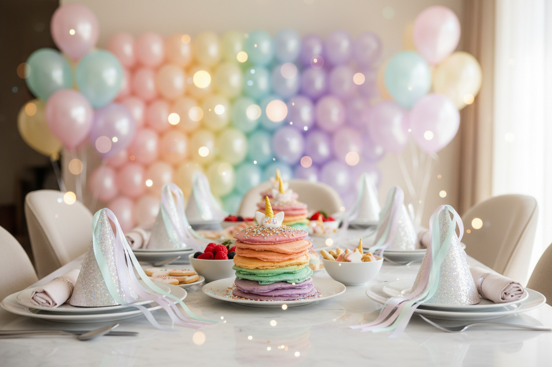 Whimsical National Unicorn Day celebration with rainbow pancakes, pastel balloons, and sparkling unicorn horn party hats