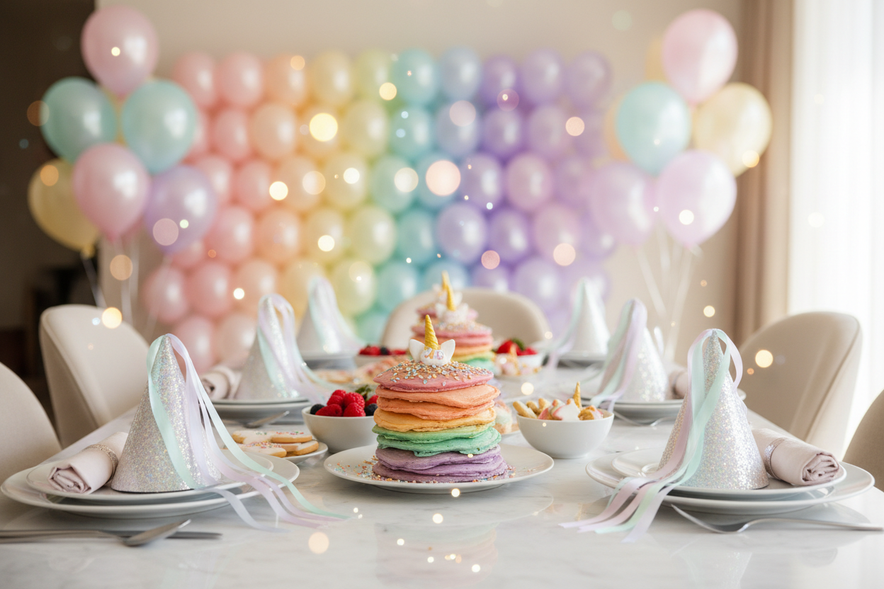 Whimsical National Unicorn Day celebration with rainbow pancakes, pastel balloons, and sparkling unicorn horn party hats