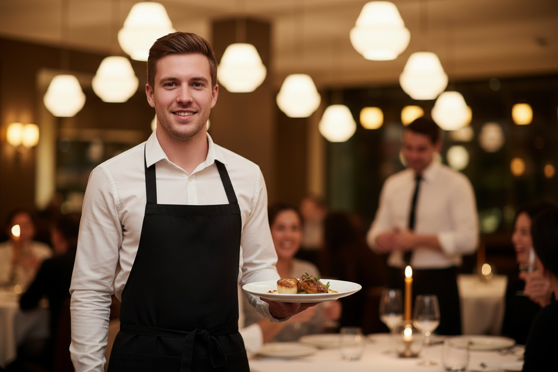 A smiling server in a white shirt and black apron gracefully delivers a beautifully plated dish in a warmly lit restaurant, celebrating National Waitstaff Day on May 21st.