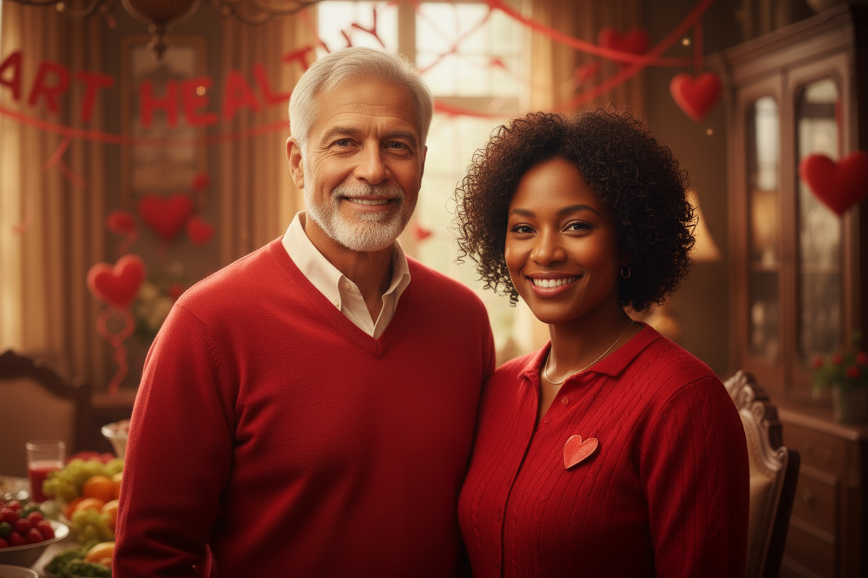 Closeup of man and woman wearing red shirts for National Wear Red Day