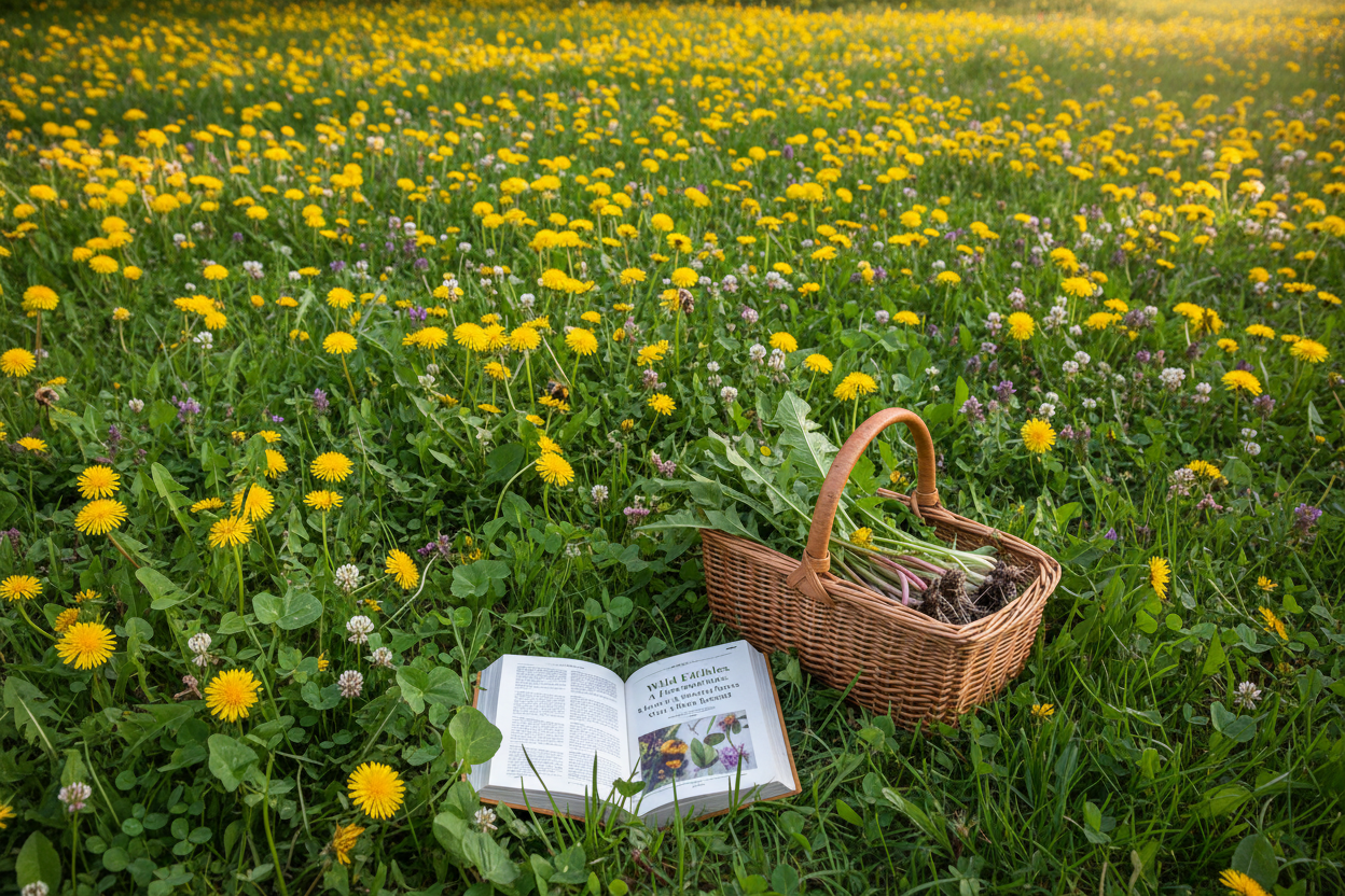 Biodiverse lawn with yellow dandelions and clover flowers with foraging basket for National Weed Appreciation Day