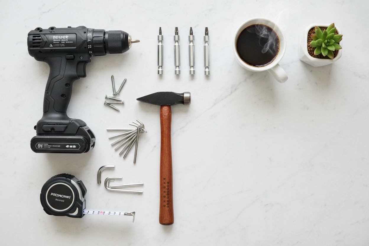 Flat lay of organized home tools including cordless drill, screwdrivers, tape measure, and hardware on white surface with coffee cup for National Worship of Tools Day