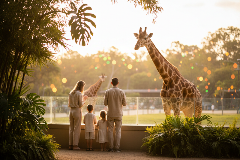 A family with young children admiring a giraffe at the zoo during golden hour, celebrating National Zoo Lovers Day on April 8.