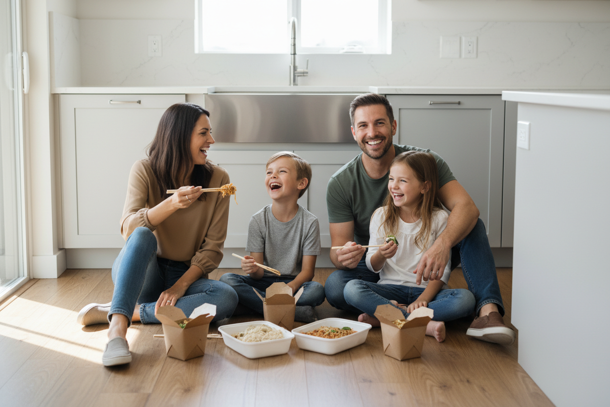 A happy family sitting on the kitchen floor enjoying takeout together, with a spotlessly clean sink in the background — celebrating No Dirty Dishes Day on May 18th.