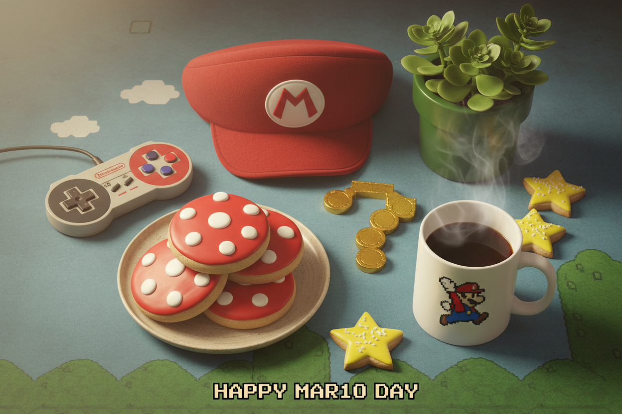 Nostalgic flat lay featuring Mario cap, vintage game controller, red mushroom cookies, gold coin chocolates and green pipe plant for National Mario Day celebration