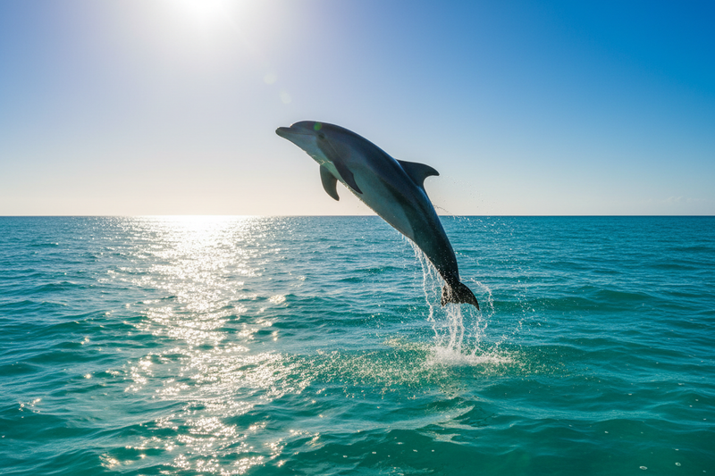 A dolphin leaping out of sparkling turquoise ocean water against a bright blue sky, celebrating National Dolphin Day on April 14th.