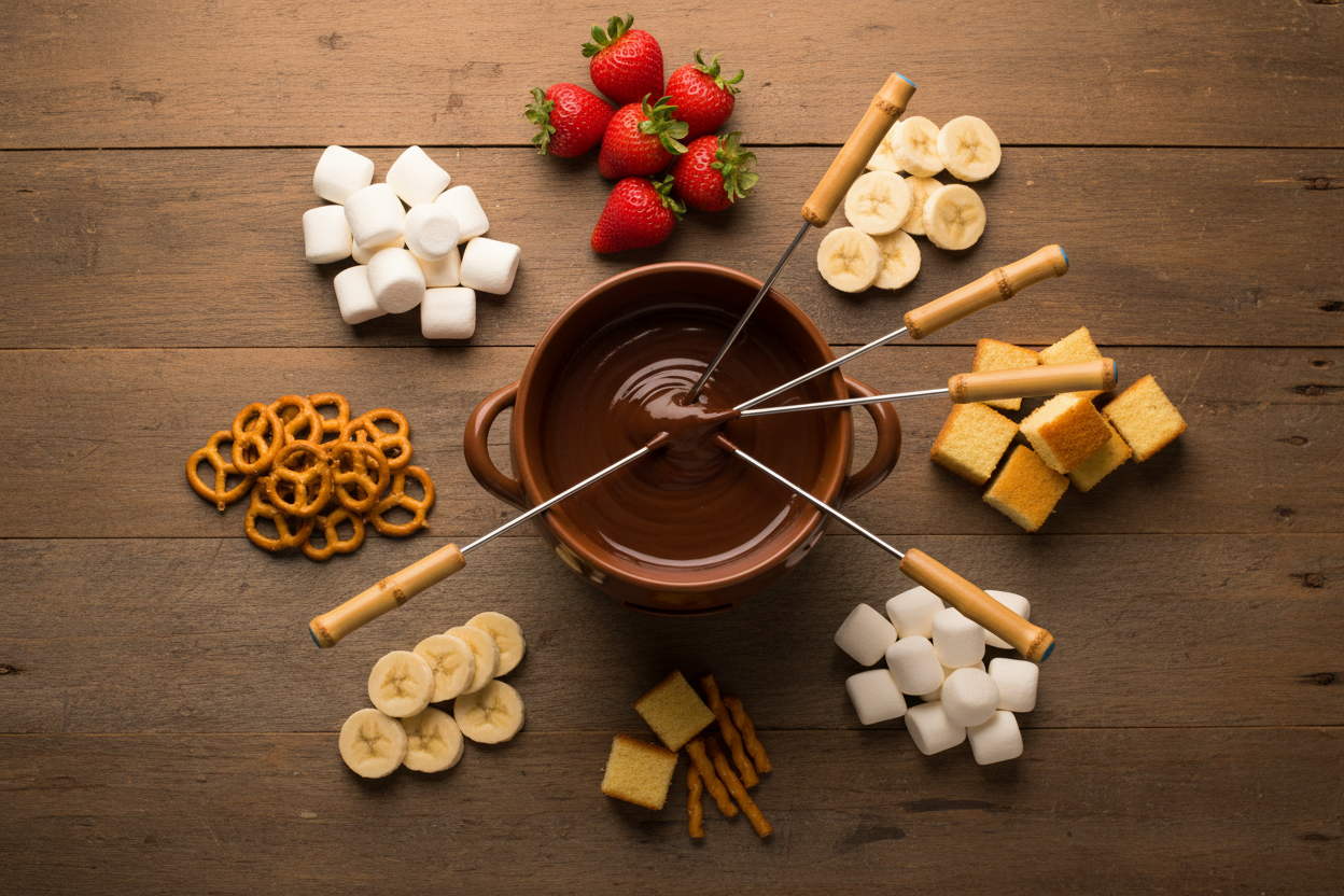 Overhead flat lay of chocolate fondue pot surrounded by strawberries, marshmallows, pretzels, pound cake, and bananas on rustic wooden table